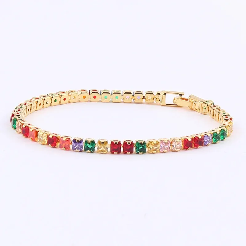 Rainbow Crystal Tennis Bracelets For Women Bracelet Set 18K Gold Silver Colorful Zirconia Femme Bridal Wedding Jewelry