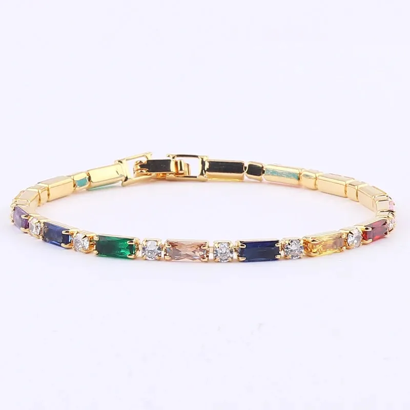 Rainbow Crystal Tennis Bracelets For Women Bracelet Set 18K Gold Silver Colorful Zirconia Femme Bridal Wedding Jewelry