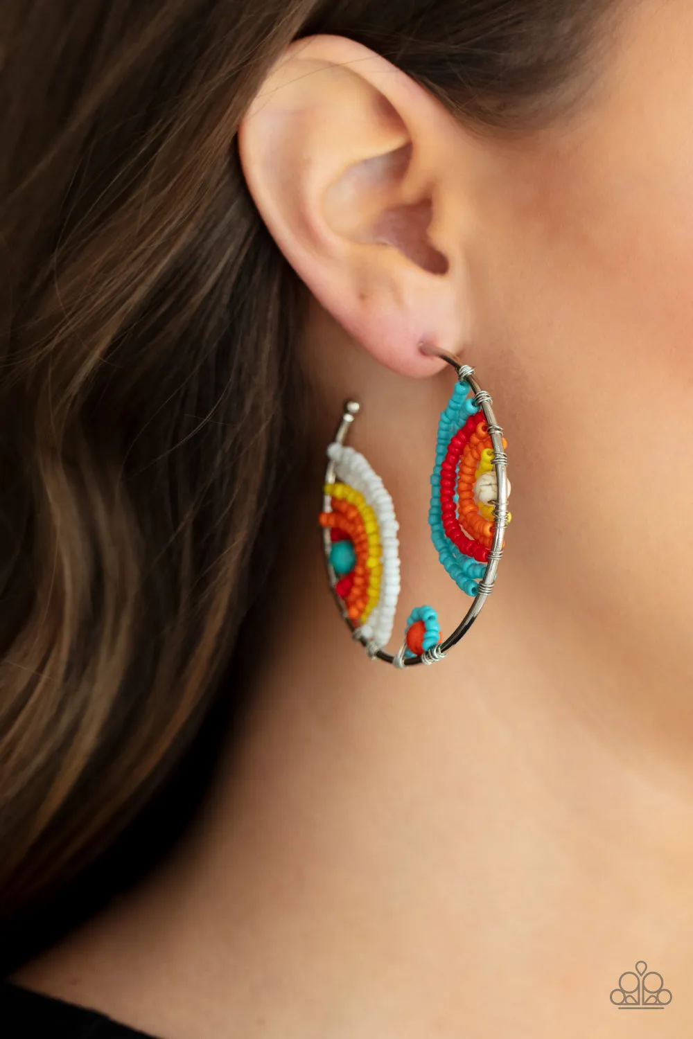 Rainbow Horizons - Multi Earrings (turquoise, red, orange, yellow, and white seed beads)