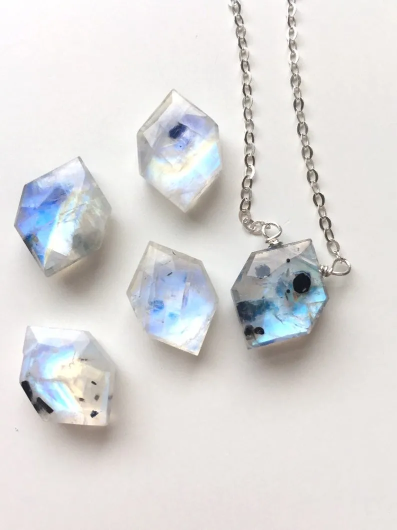 Rainbow Moonstone Crystal Pendant Necklace Sterling Silver or 14kt Gold Filled