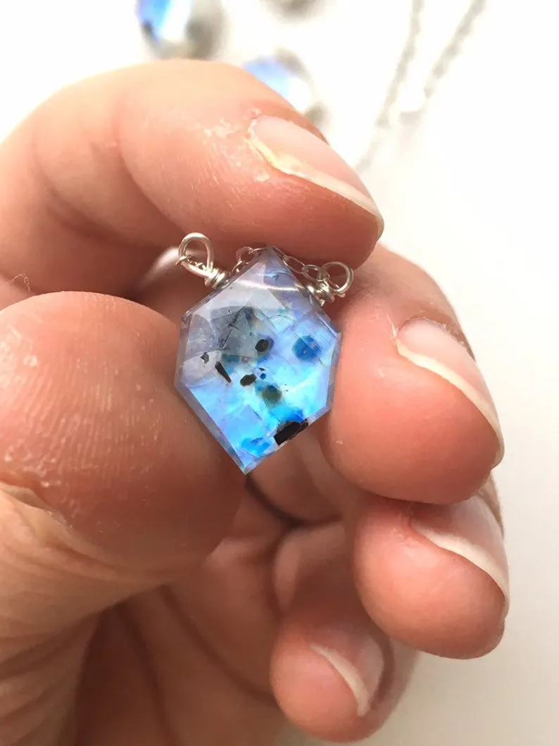 Rainbow Moonstone Crystal Pendant Necklace Sterling Silver or 14kt Gold Filled