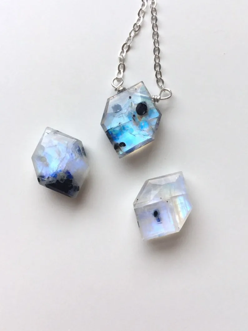 Rainbow Moonstone Crystal Pendant Necklace Sterling Silver or 14kt Gold Filled
