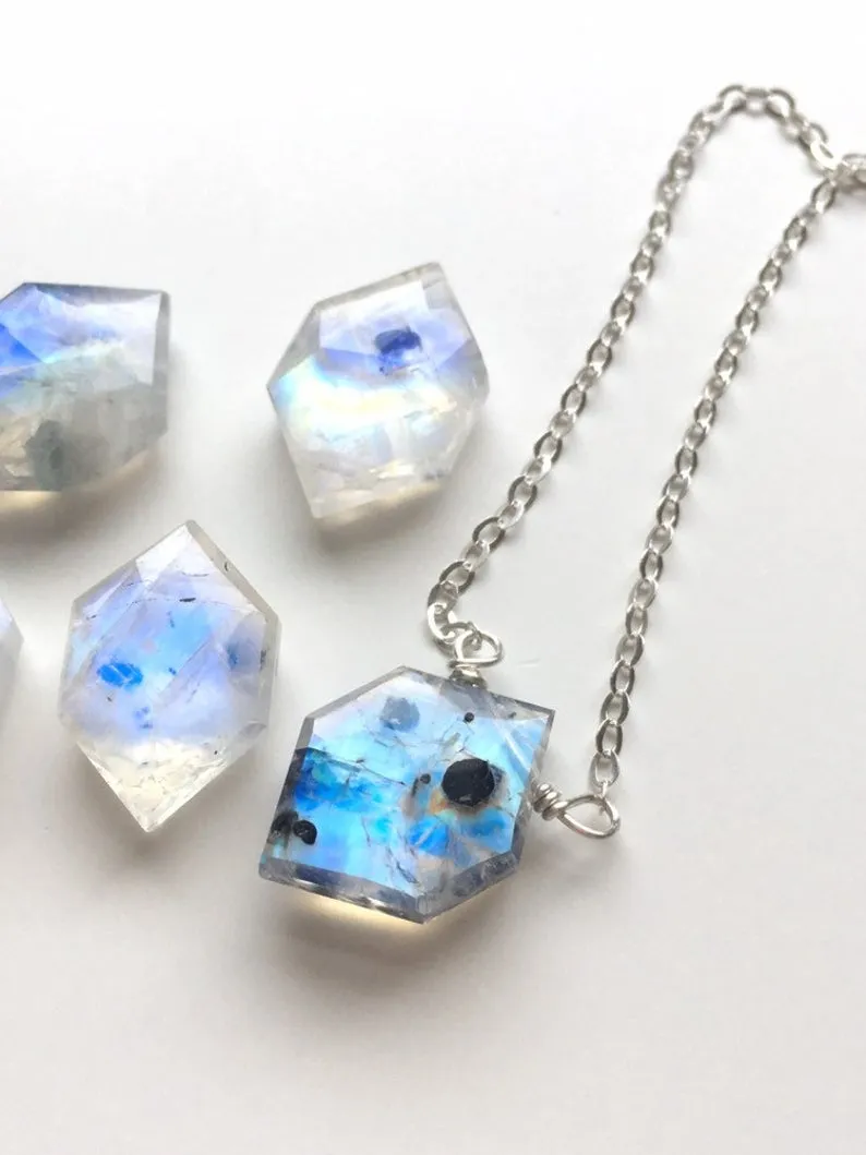 Rainbow Moonstone Crystal Pendant Necklace Sterling Silver or 14kt Gold Filled