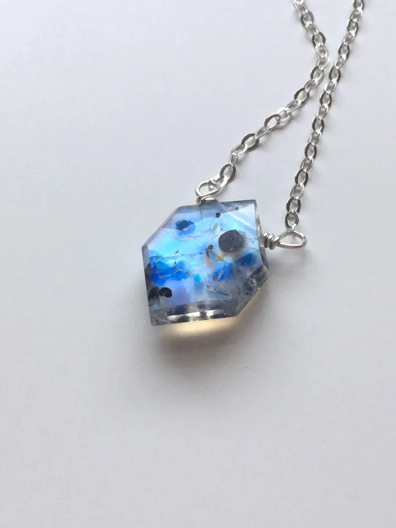Rainbow Moonstone Crystal Pendant Necklace Sterling Silver or 14kt Gold Filled