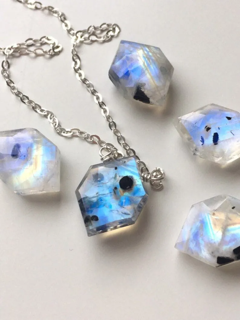 Rainbow Moonstone Crystal Pendant Necklace Sterling Silver or 14kt Gold Filled