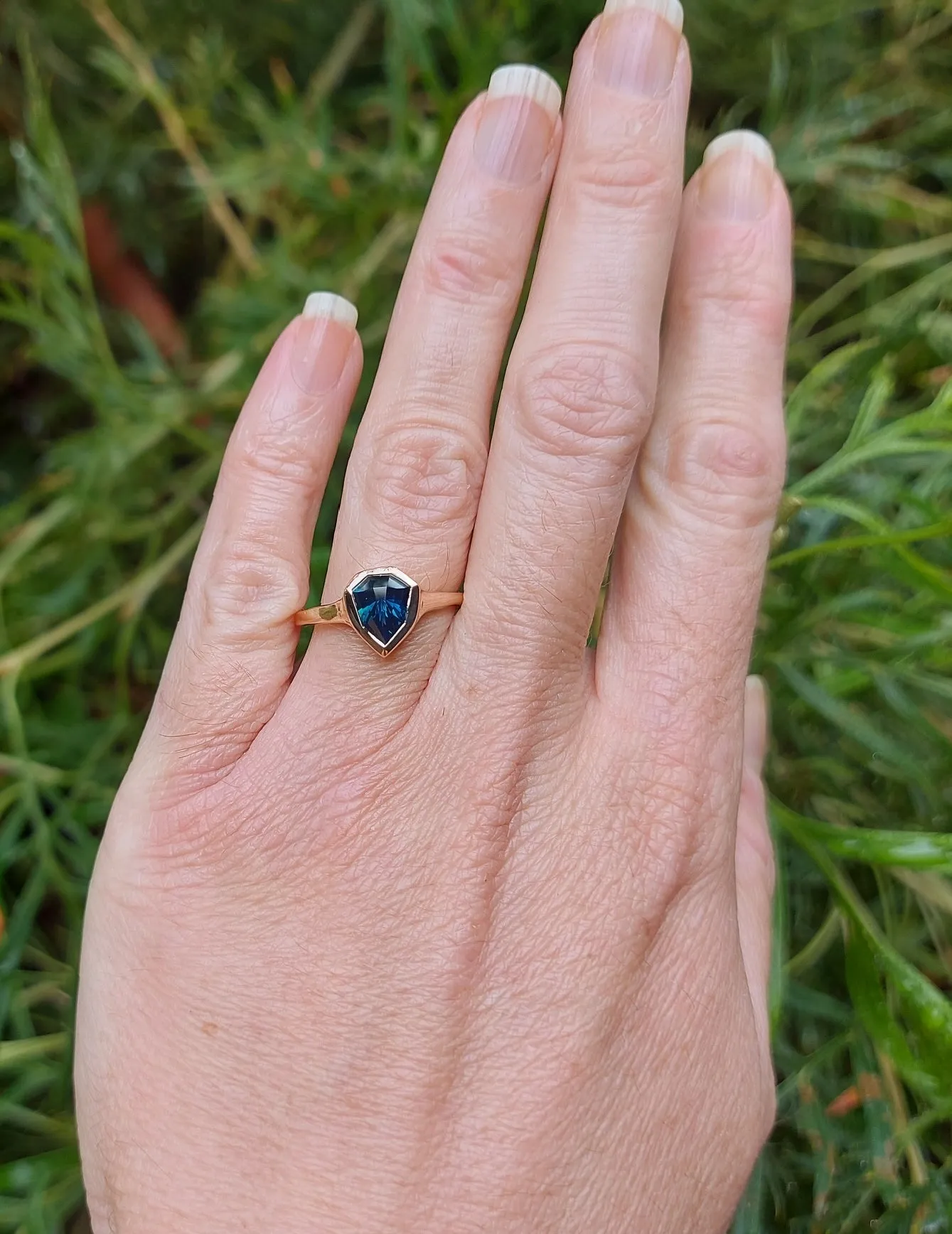 *RESERVED * 1.5ct Blue Australian Shield Cut Sapphire 9ct Rose Gold Ring
