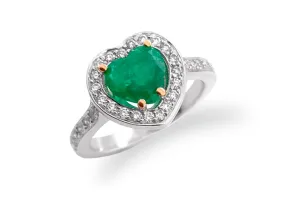Ring 18kt Gold Emerald Heart & Diamonds