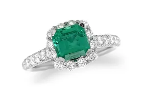 Ring 18kt Gold Square Emerald & Diamonds Halo