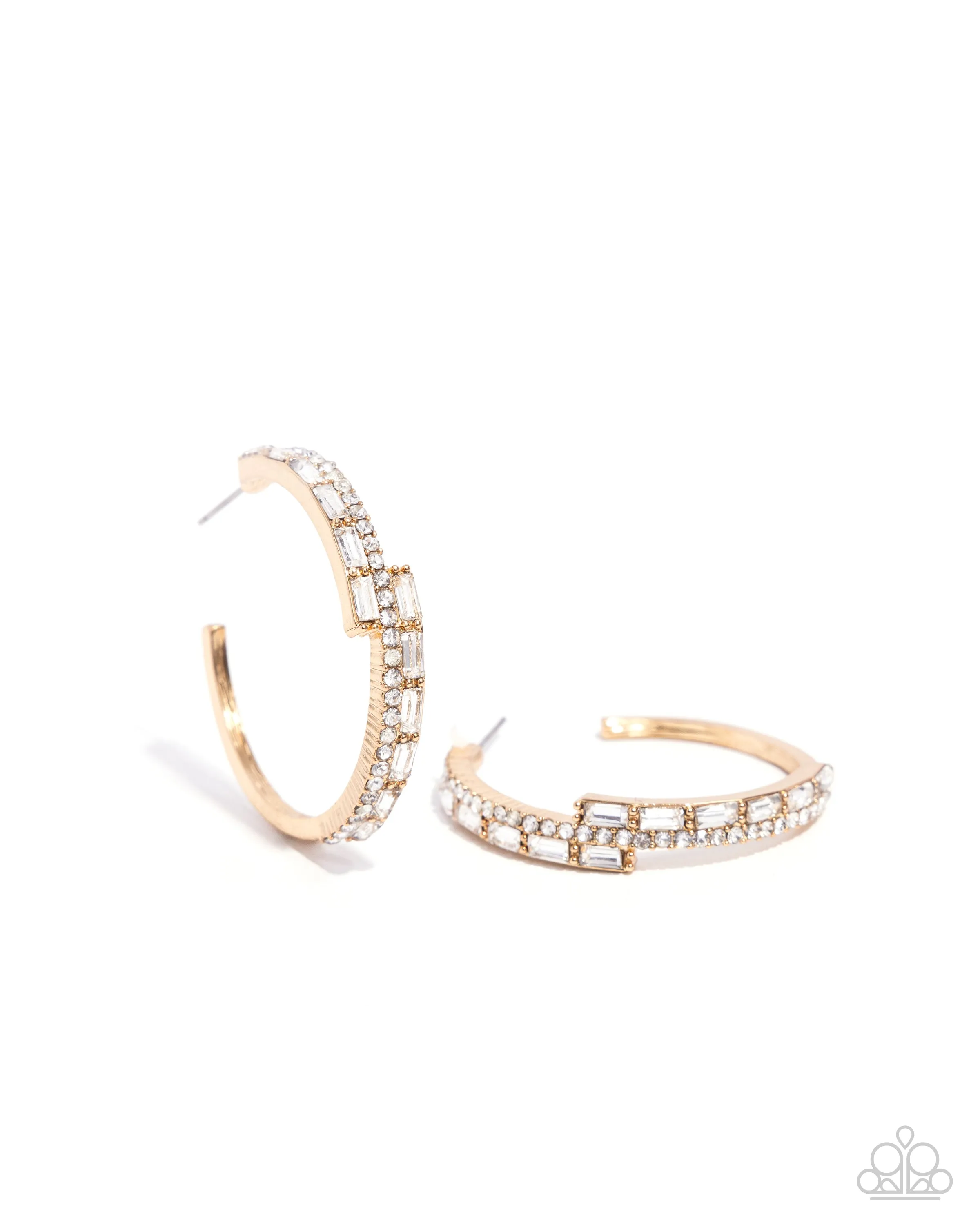 Ritzy Reputation - Gold - White Rhinestone and Emerald Cut Gem Thin Paparazzi Hoop Earrings