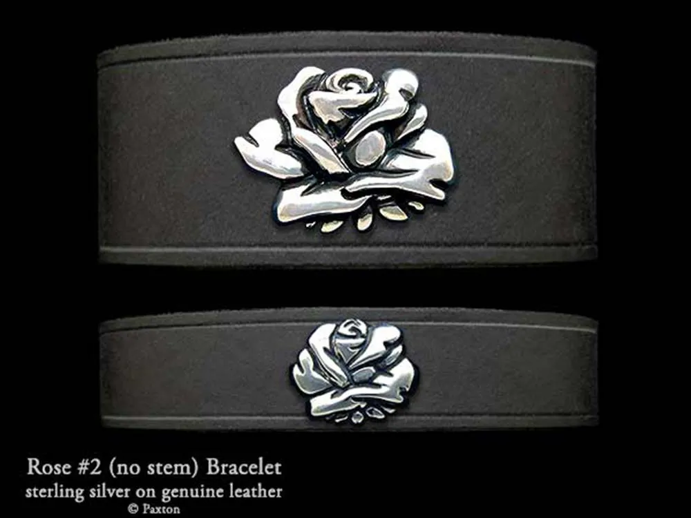 Rose Flower Bracelet Sterling Silver on Genuine Leather