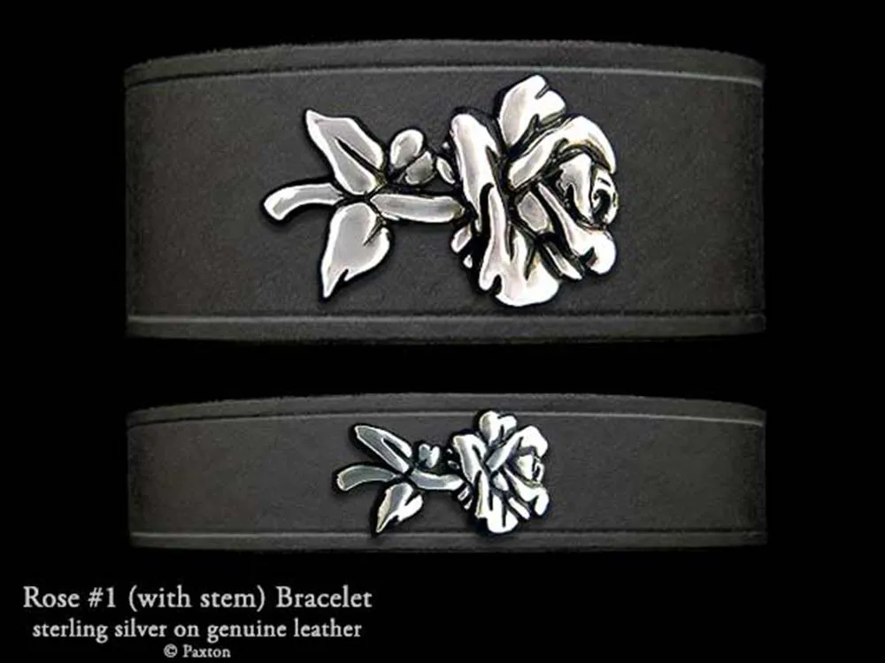 Rose Flower Bracelet Sterling Silver on Genuine Leather