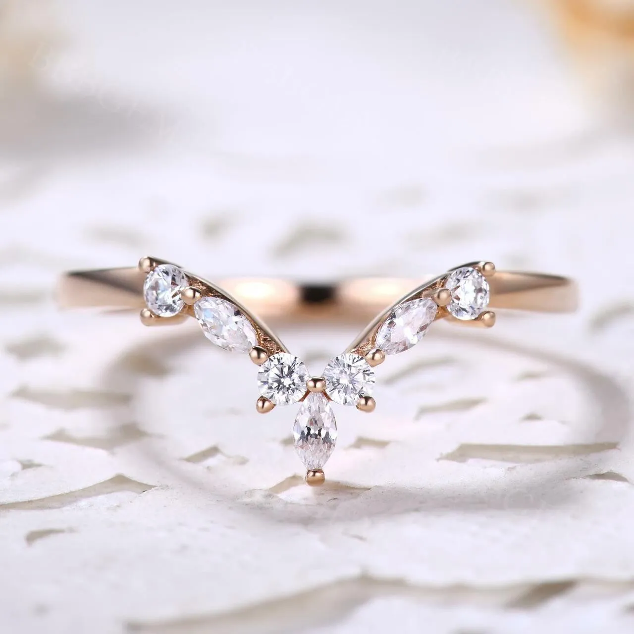 Rose Gold Diamond Sapphire Wedding Band Curved V Shaped Matching Band