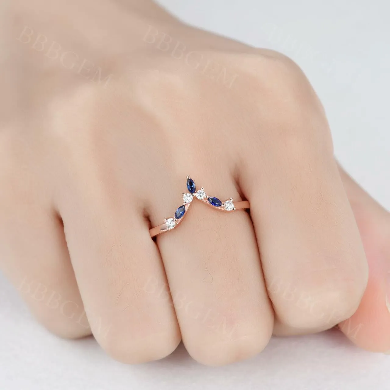 Rose Gold Diamond Sapphire Wedding Band Curved V Shaped Matching Band