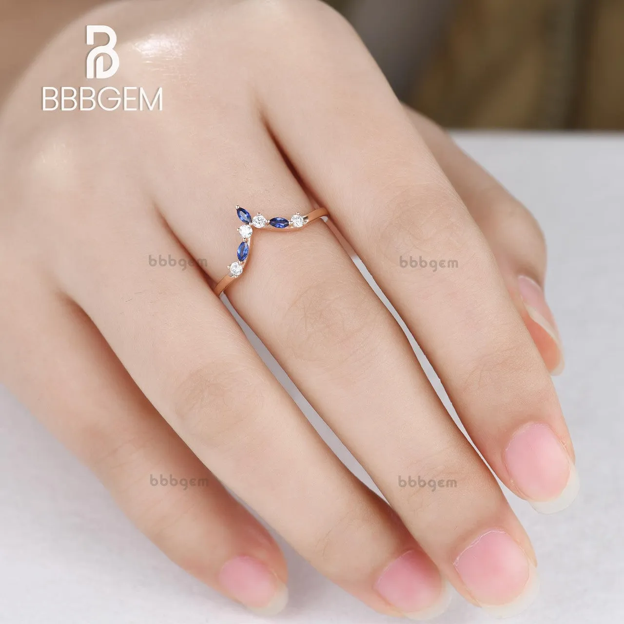 Rose Gold Diamond Sapphire Wedding Band Curved V Shaped Matching Band