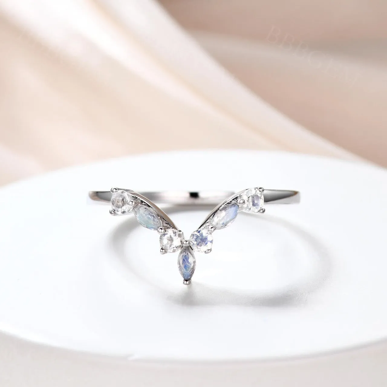Rose Gold Diamond Sapphire Wedding Band Curved V Shaped Matching Band