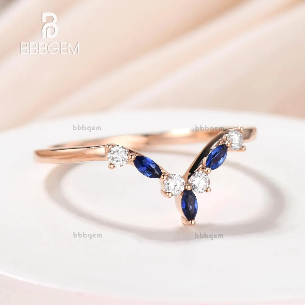 Rose Gold Diamond Sapphire Wedding Band Curved V Shaped Matching Band