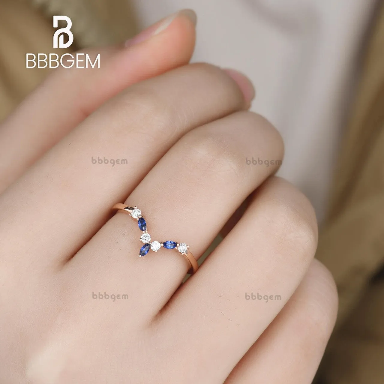 Rose Gold Diamond Sapphire Wedding Band Curved V Shaped Matching Band