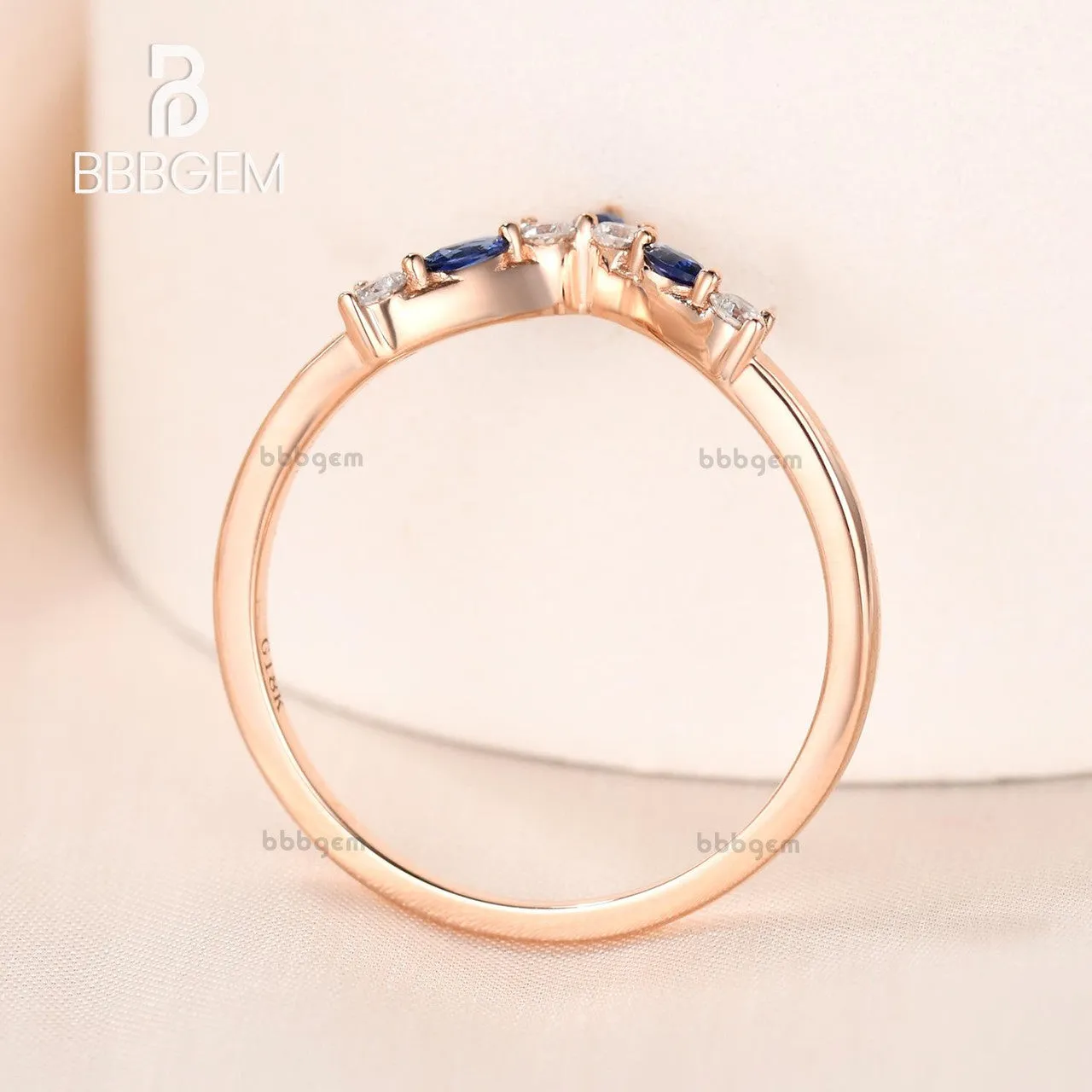 Rose Gold Diamond Sapphire Wedding Band Curved V Shaped Matching Band