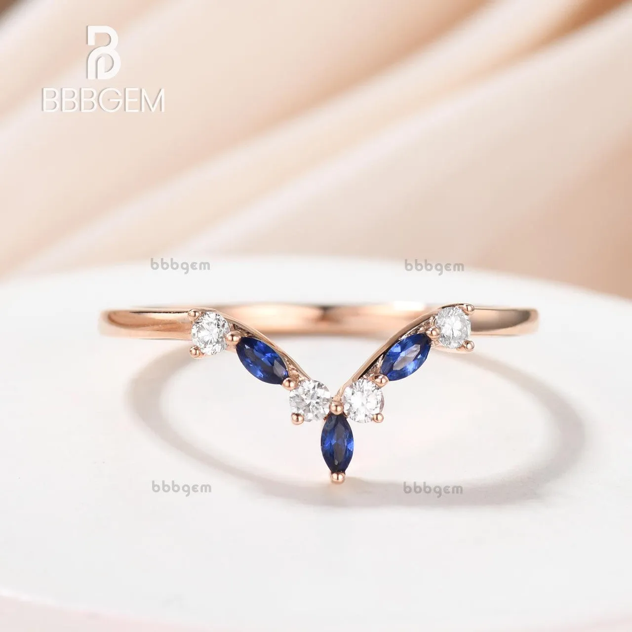 Rose Gold Diamond Sapphire Wedding Band Curved V Shaped Matching Band
