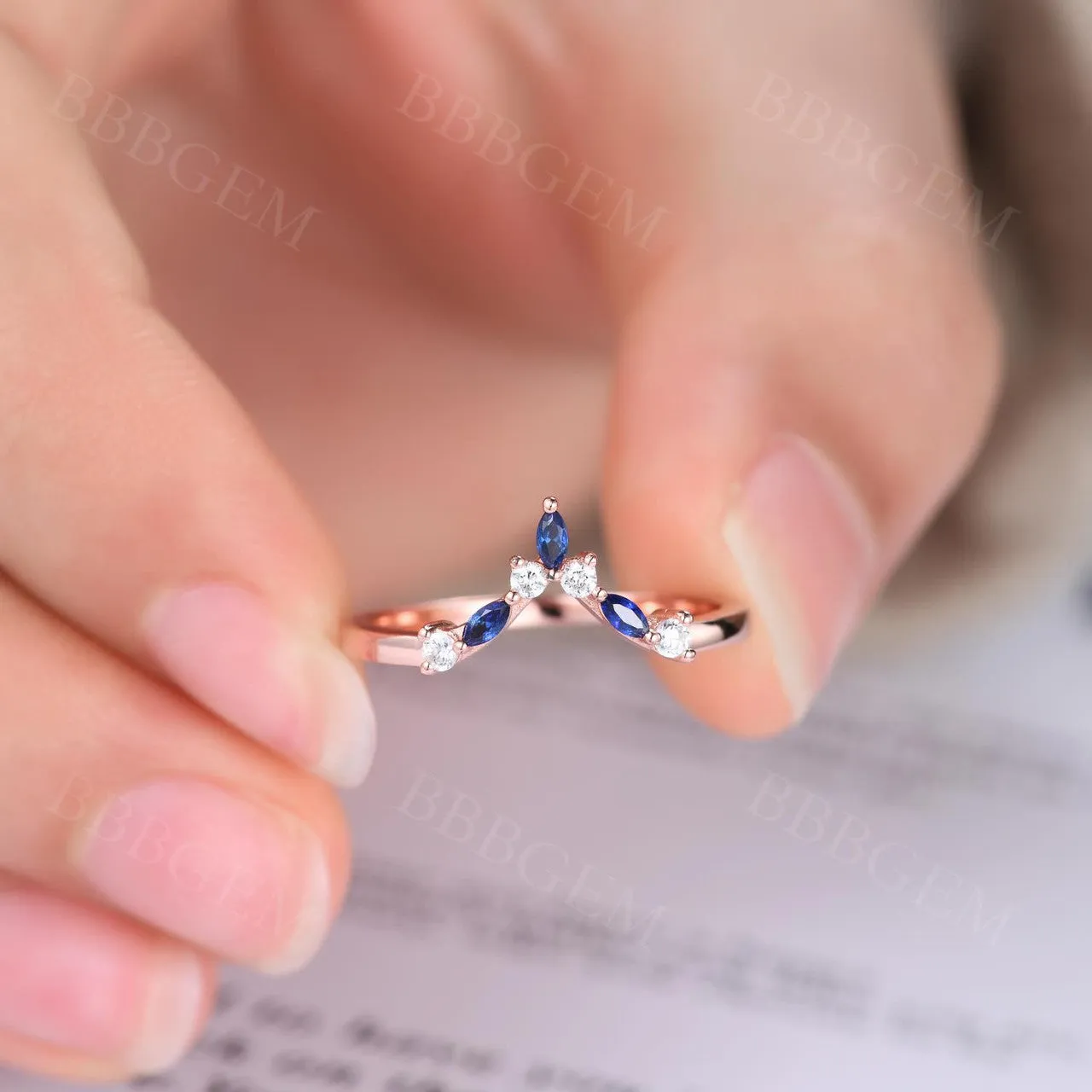 Rose Gold Diamond Sapphire Wedding Band Curved V Shaped Matching Band