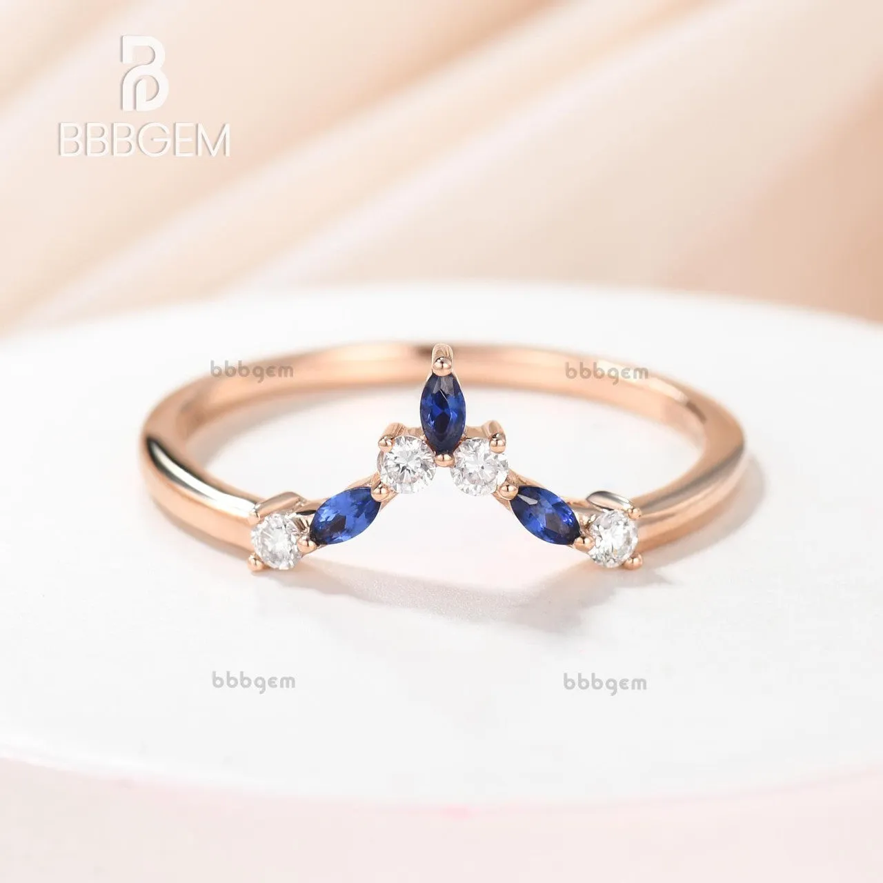 Rose Gold Diamond Sapphire Wedding Band Curved V Shaped Matching Band