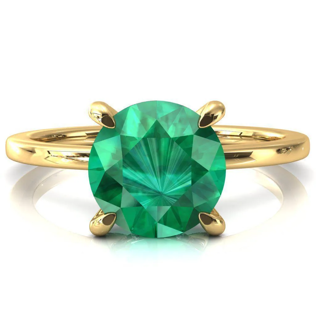 Rosy Round Emerald 4 Claw Prong Single Rail Micropave Engagement Ring
