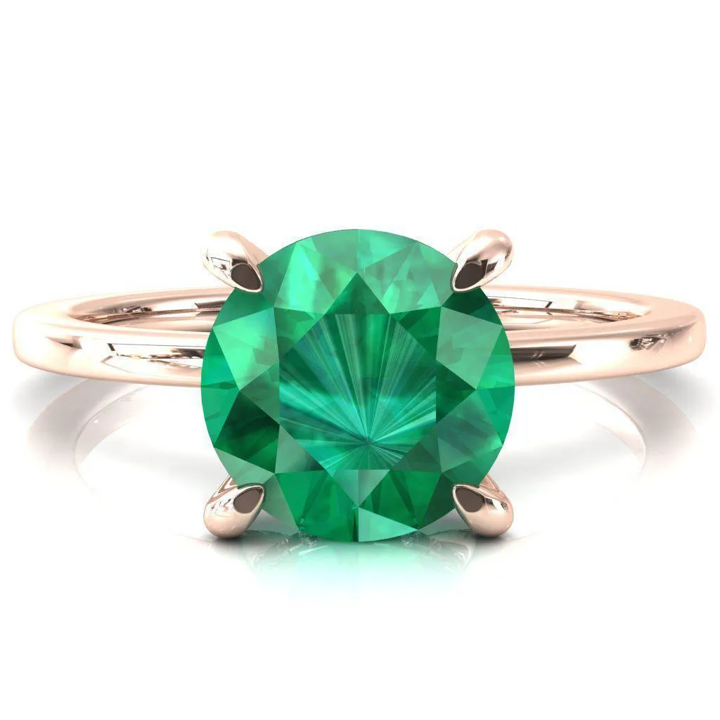 Rosy Round Emerald 4 Claw Prong Single Rail Micropave Engagement Ring