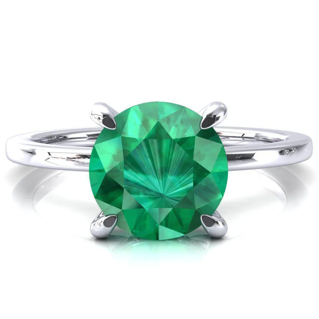 Rosy Round Emerald 4 Claw Prong Single Rail Micropave Engagement Ring