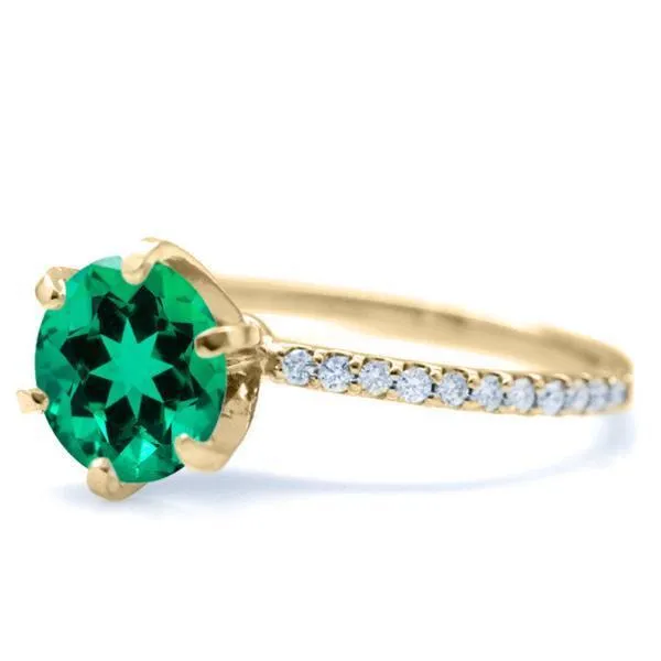 Round Emerald 6 Prongs Diamond Accent Ice Solitaire Ring