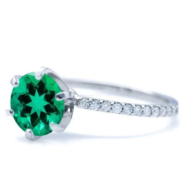 Round Emerald 6 Prongs Diamond Accent Ice Solitaire Ring