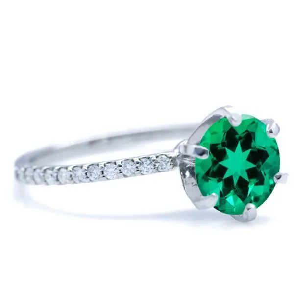 Round Emerald 6 Prongs Diamond Accent Ice Solitaire Ring