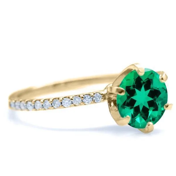 Round Emerald 6 Prongs Diamond Accent Ice Solitaire Ring