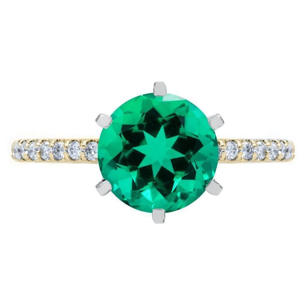 Round Emerald 6 Prongs Diamond Accent Ice Solitaire Ring