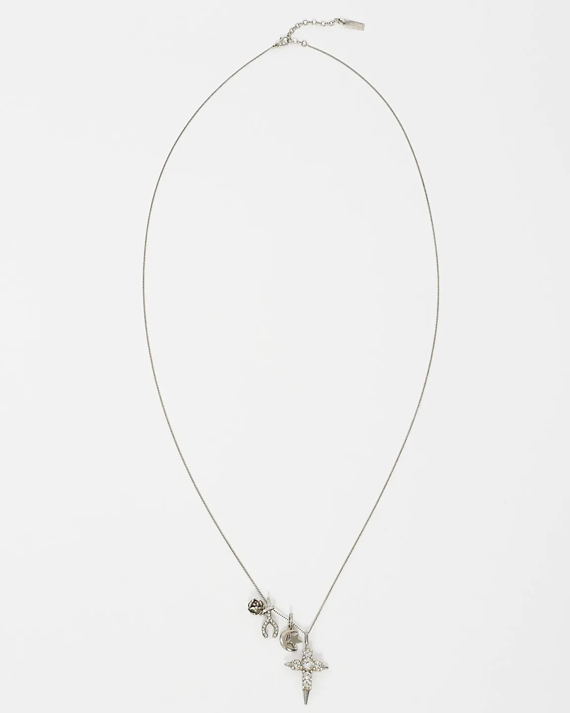 Saint Laurent Silver Crystal Cross Moon & Wishbone Necklace