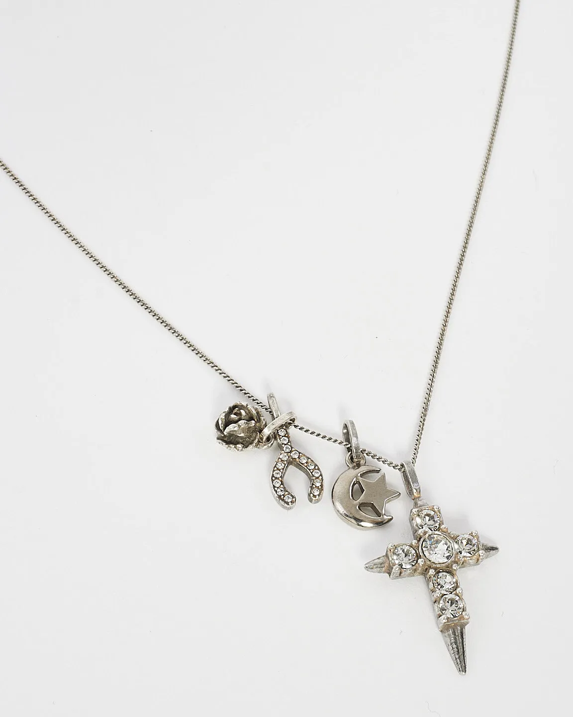 Saint Laurent Silver Crystal Cross Moon & Wishbone Necklace