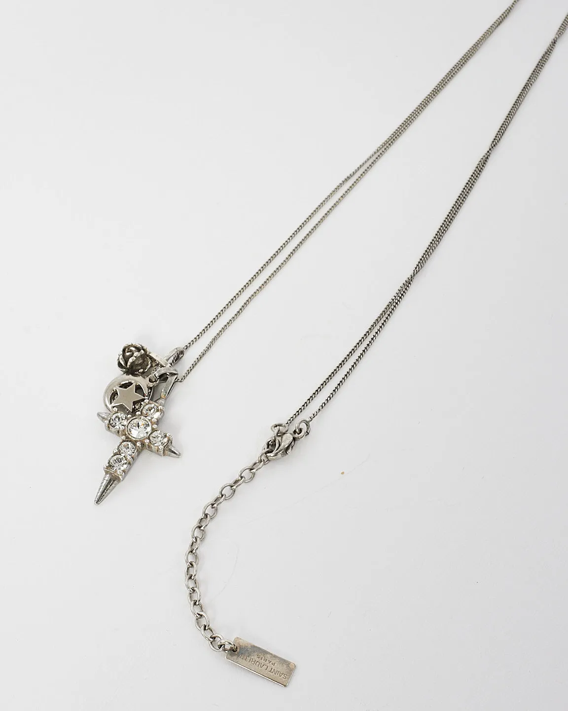 Saint Laurent Silver Crystal Cross Moon & Wishbone Necklace
