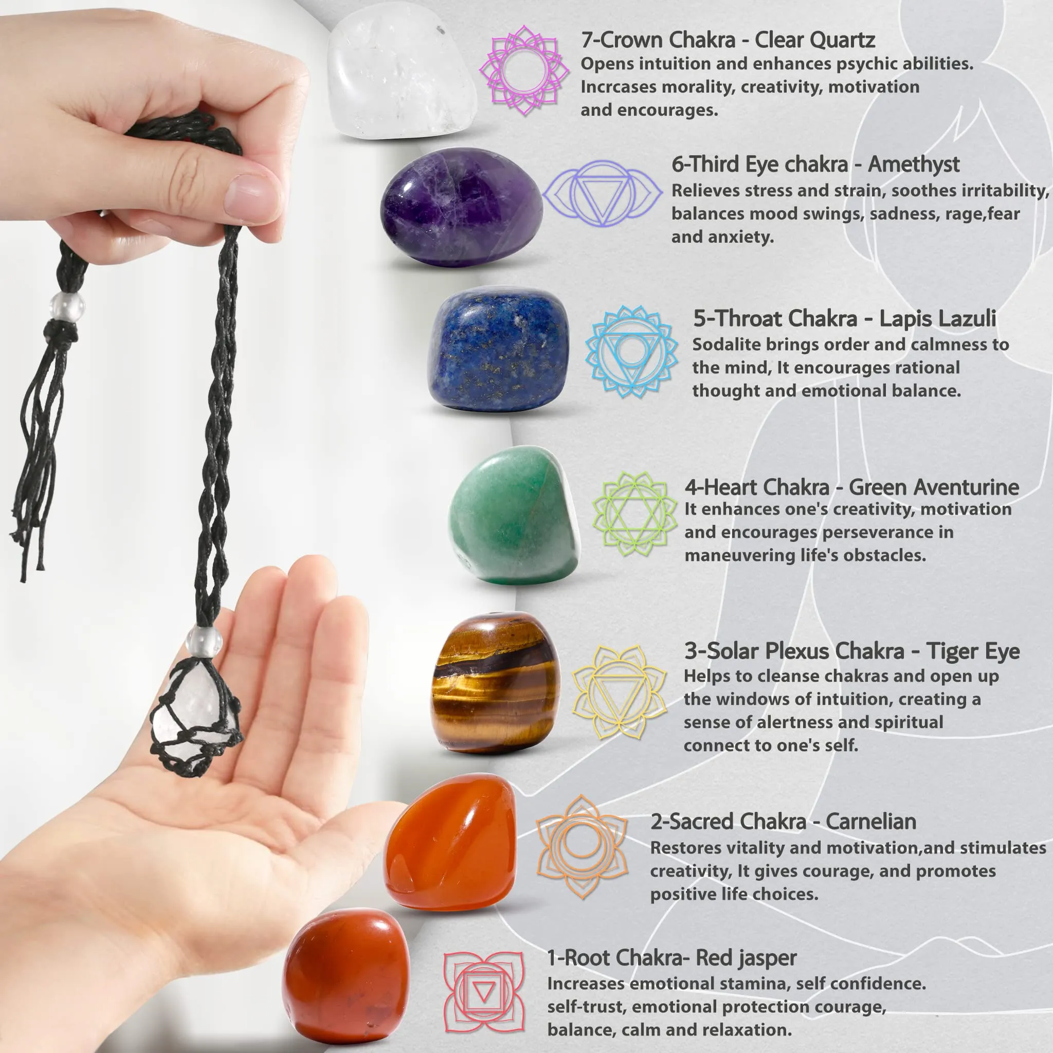 SANSWL 7 Chakra Healing Crystal Necklace Set - Boho Handmade Cord Cage and Hippie Energy Pendant Holder Real Crystal and Healing Stone Jewelry Spiritual Gift for Women Teen Christmas Gifts
