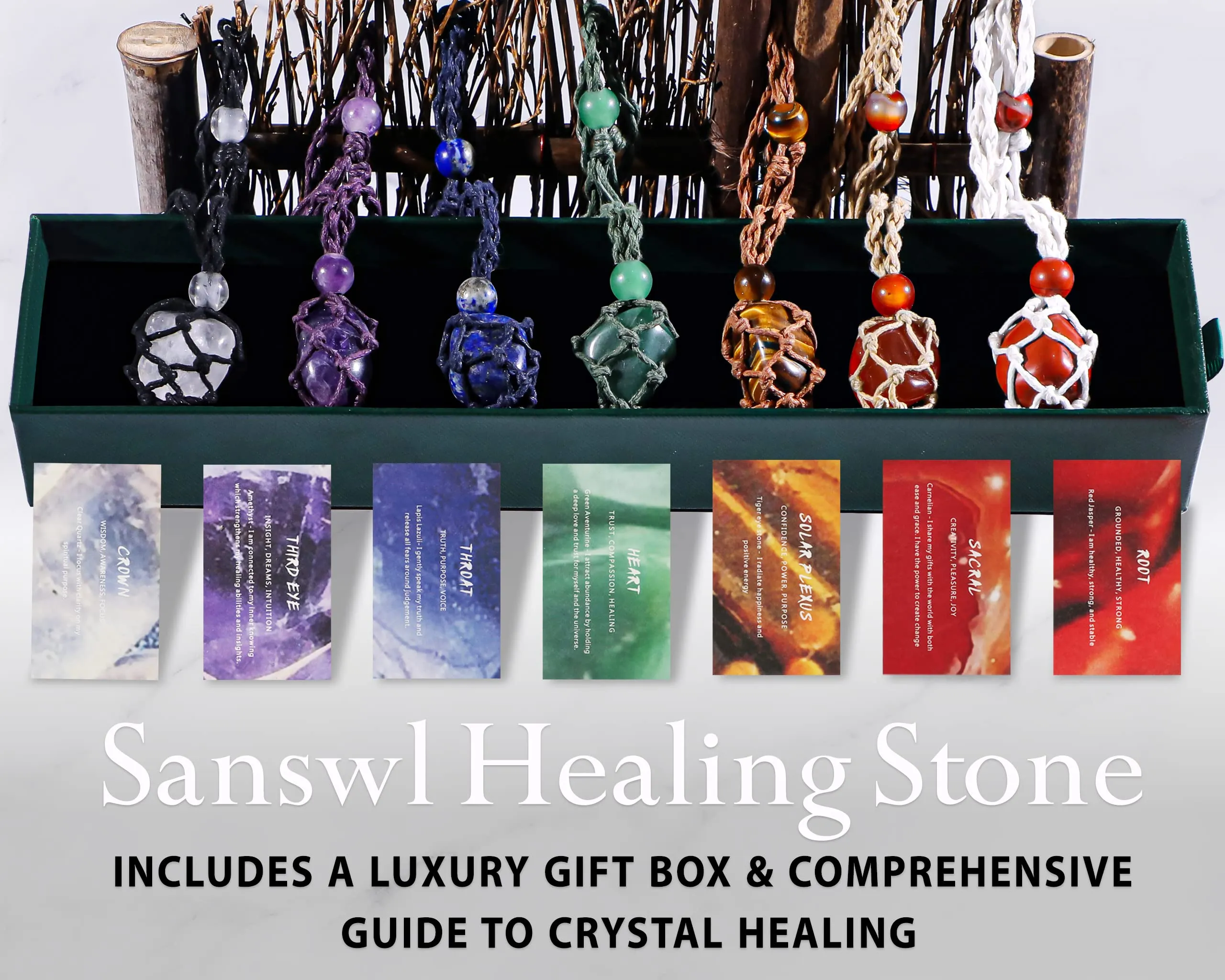 SANSWL 7 Chakra Healing Crystal Necklace Set - Boho Handmade Cord Cage and Hippie Energy Pendant Holder Real Crystal and Healing Stone Jewelry Spiritual Gift for Women Teen Christmas Gifts
