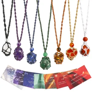 SANSWL 7 Chakra Healing Crystal Necklace Set - Boho Handmade Cord Cage and Hippie Energy Pendant Holder Real Crystal and Healing Stone Jewelry Spiritual Gift for Women Teen Christmas Gifts