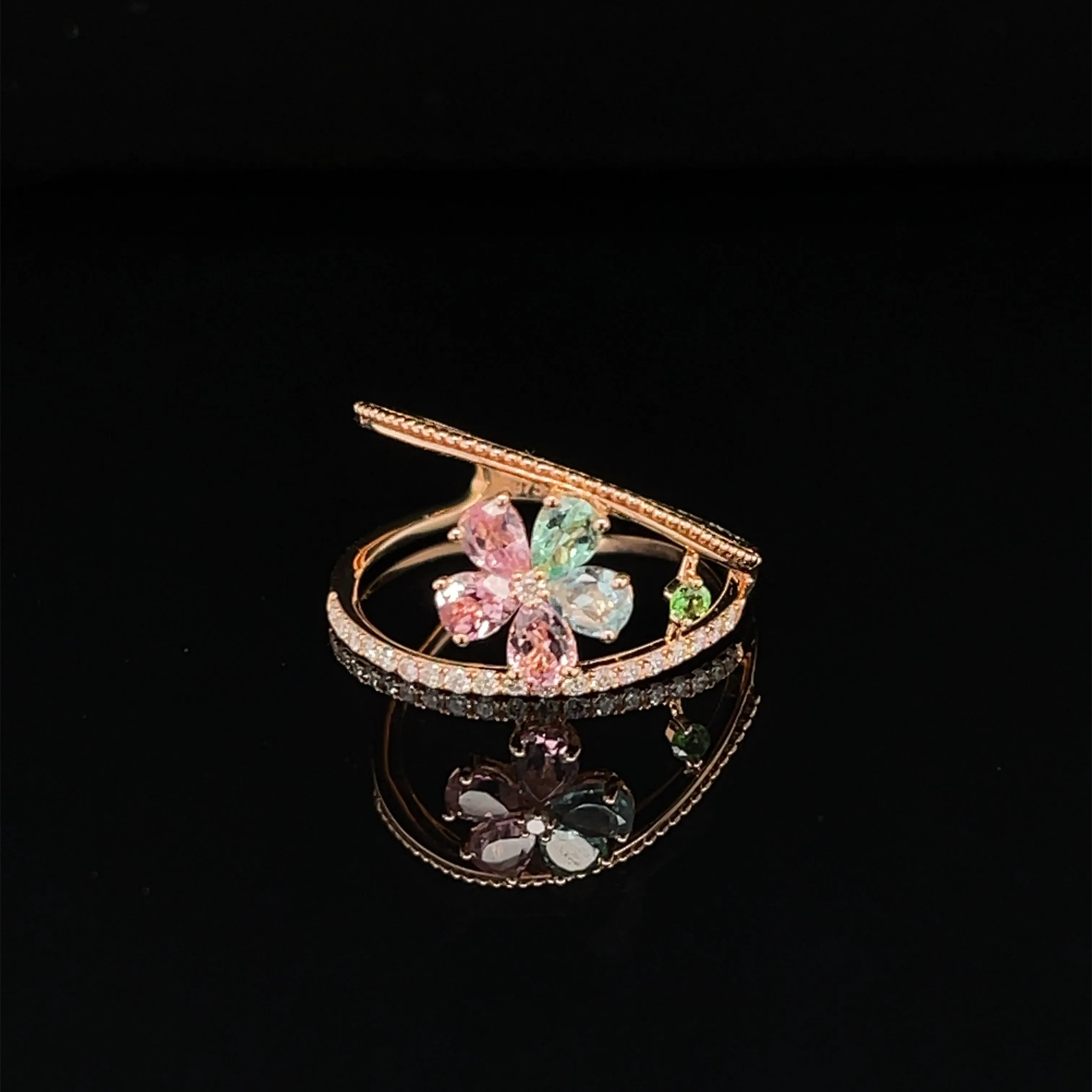 Sapphire, Blue Topaz & Diamond Flower Double Stack Ring in 18k Rose Gold - (#244 - HRMIX000714)