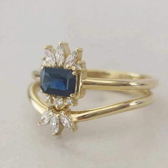 Sapphire engagement ring set, unique sapphire ring, emerald cut sapphire statement ring, alternative engagement ring