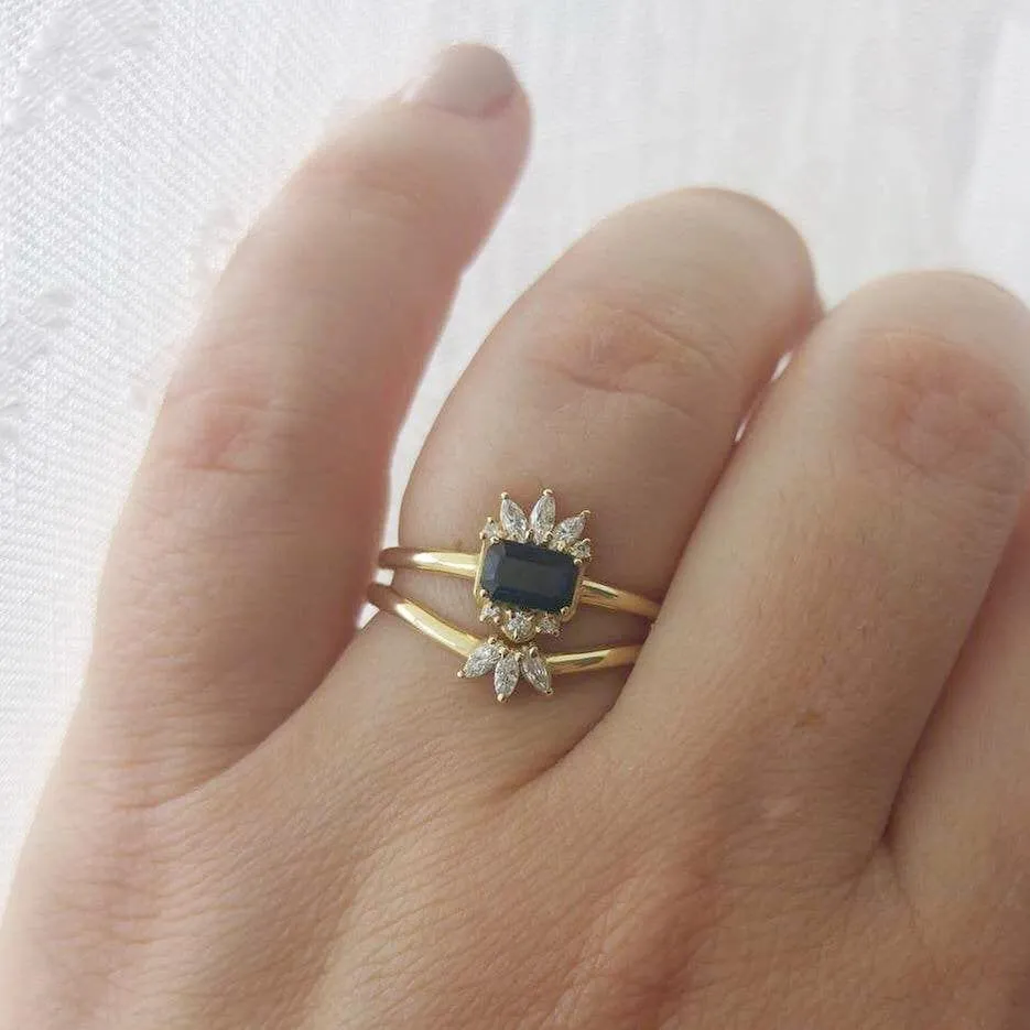 Sapphire engagement ring set, unique sapphire ring, emerald cut sapphire statement ring, alternative engagement ring