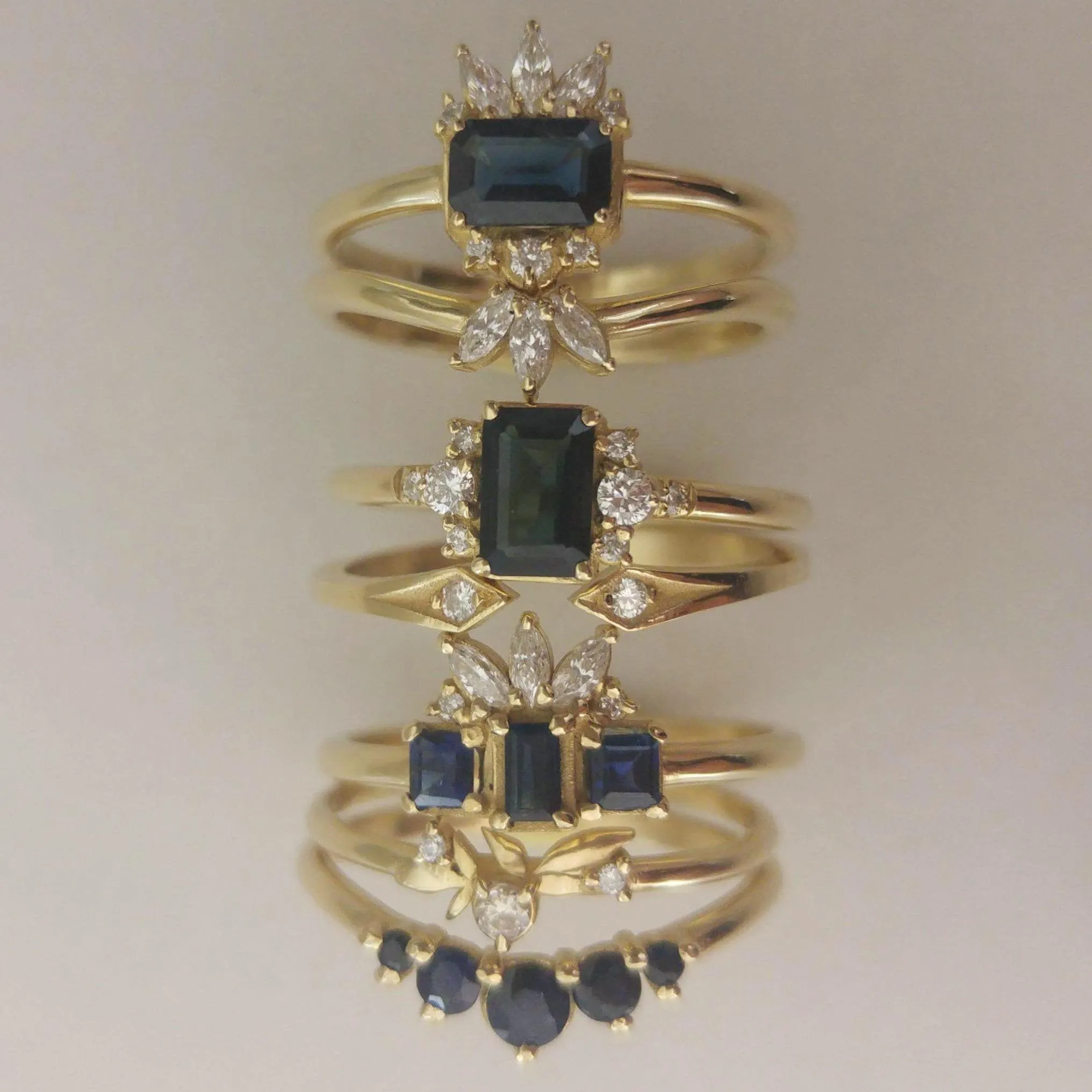 Sapphire engagement ring set, unique sapphire ring, emerald cut sapphire statement ring, alternative engagement ring