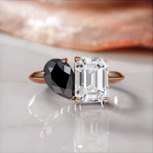 Sautern'S Moons - Two Stone Natural Black Diamond Pear Engagement Ring in Rose Gold