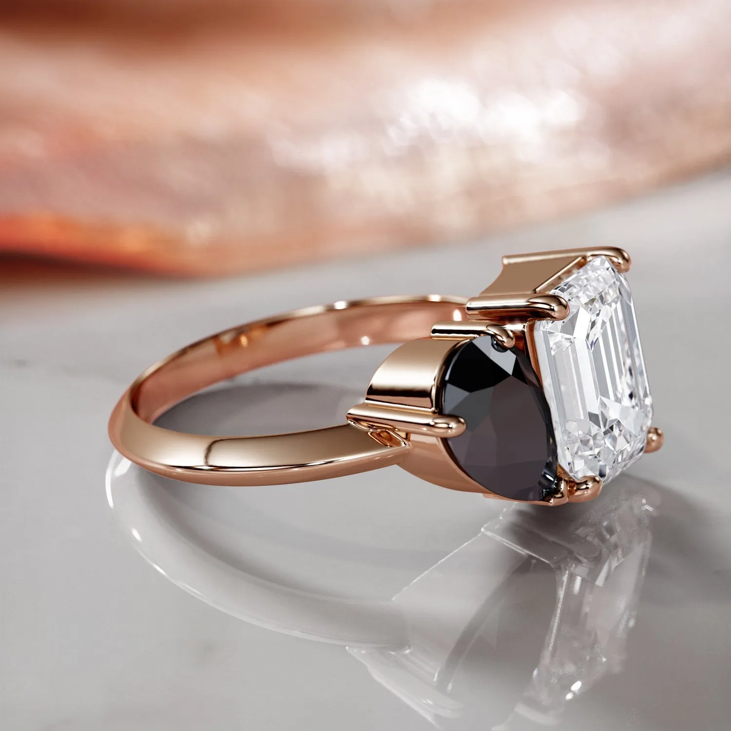 Sautern'S Moons - Two Stone Natural Black Diamond Pear Engagement Ring in Rose Gold