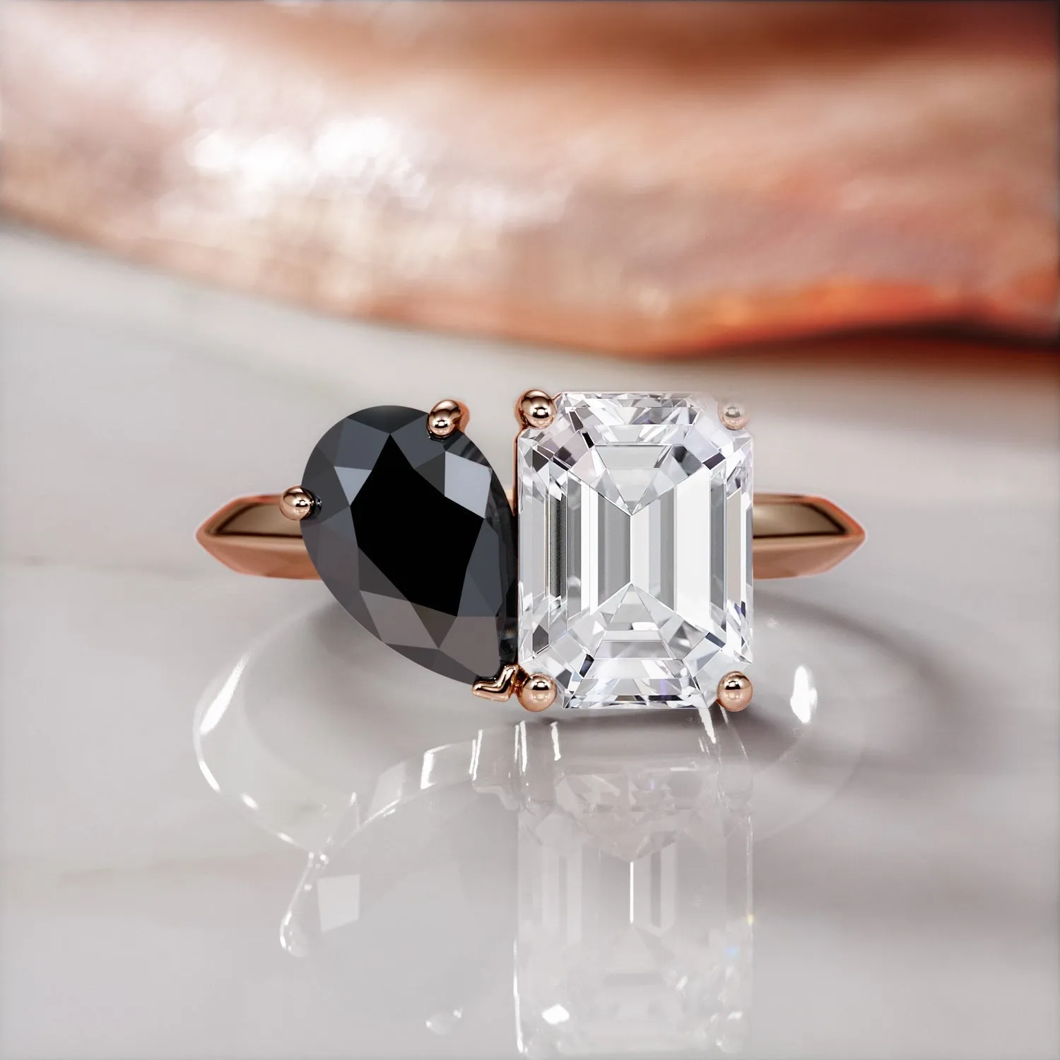 Sautern'S Moons - Two Stone Natural Black Diamond Pear Engagement Ring in Rose Gold