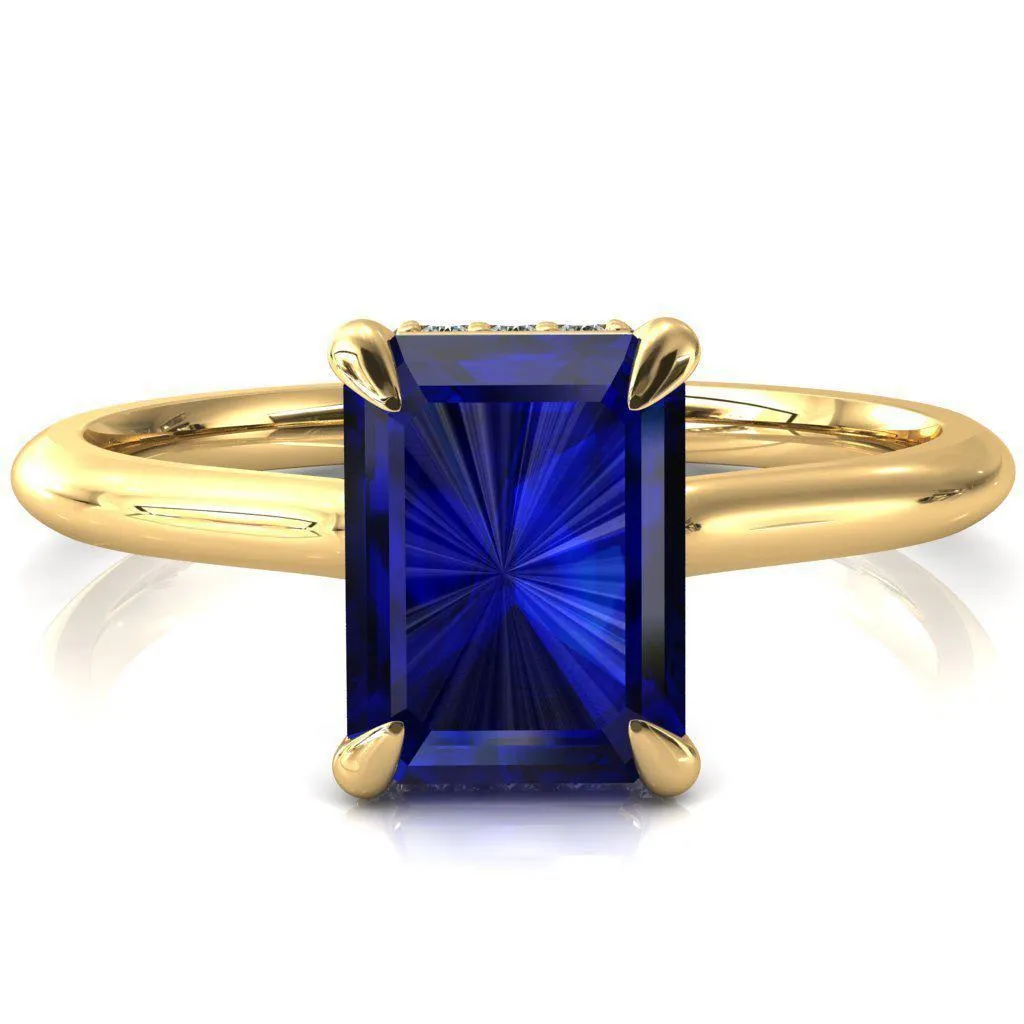 Secret Emerald Blue Sapphire 4 Prong Floating Halo Engagement Ring