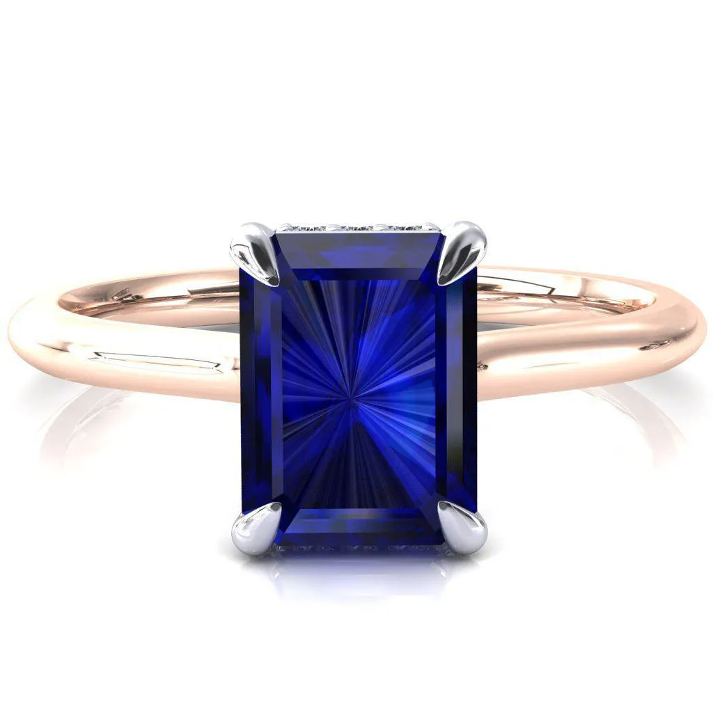 Secret Emerald Blue Sapphire 4 Prong Floating Halo Engagement Ring
