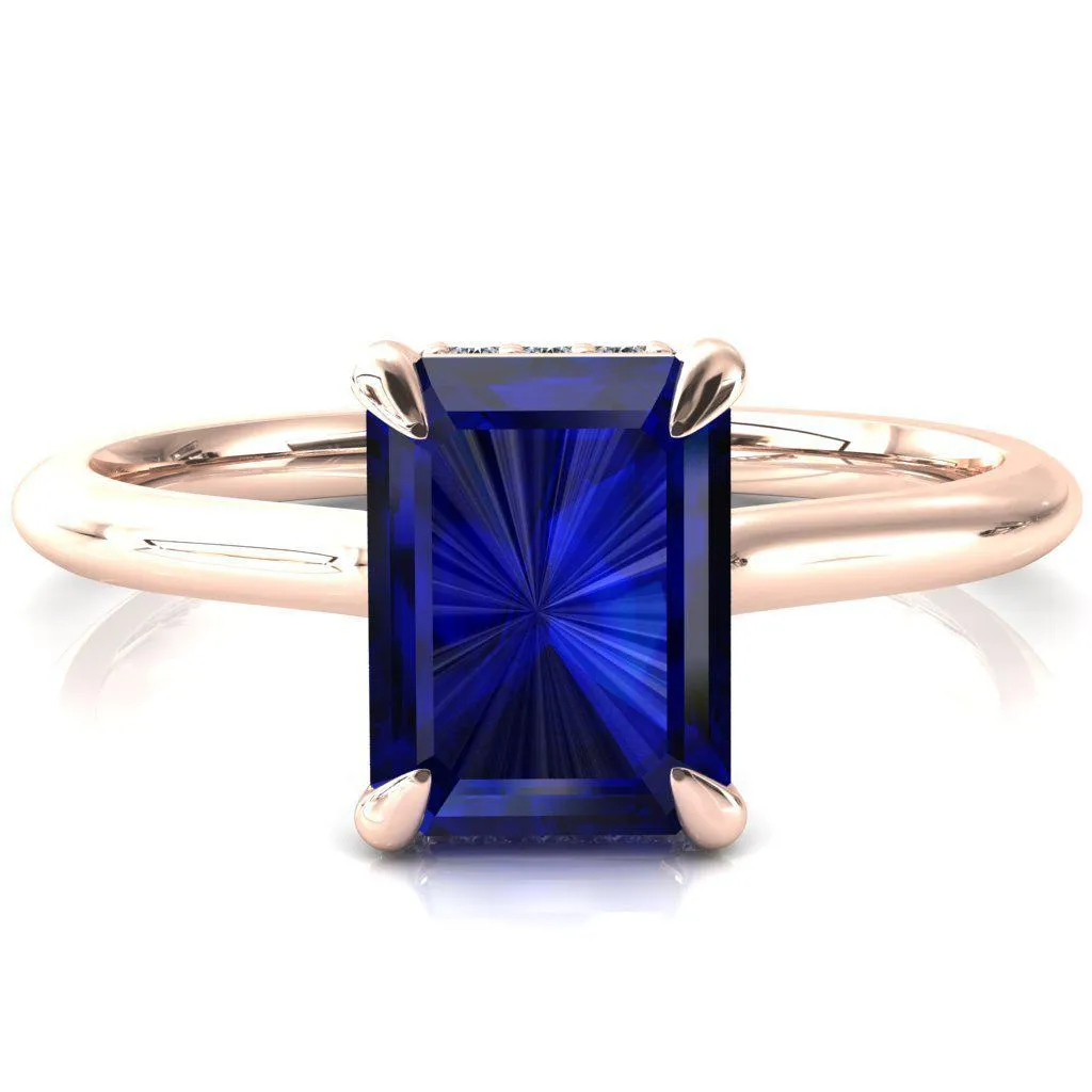 Secret Emerald Blue Sapphire 4 Prong Floating Halo Engagement Ring