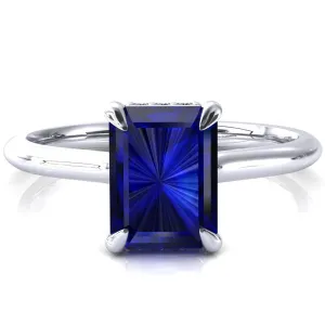 Secret Emerald Blue Sapphire 4 Prong Floating Halo Engagement Ring